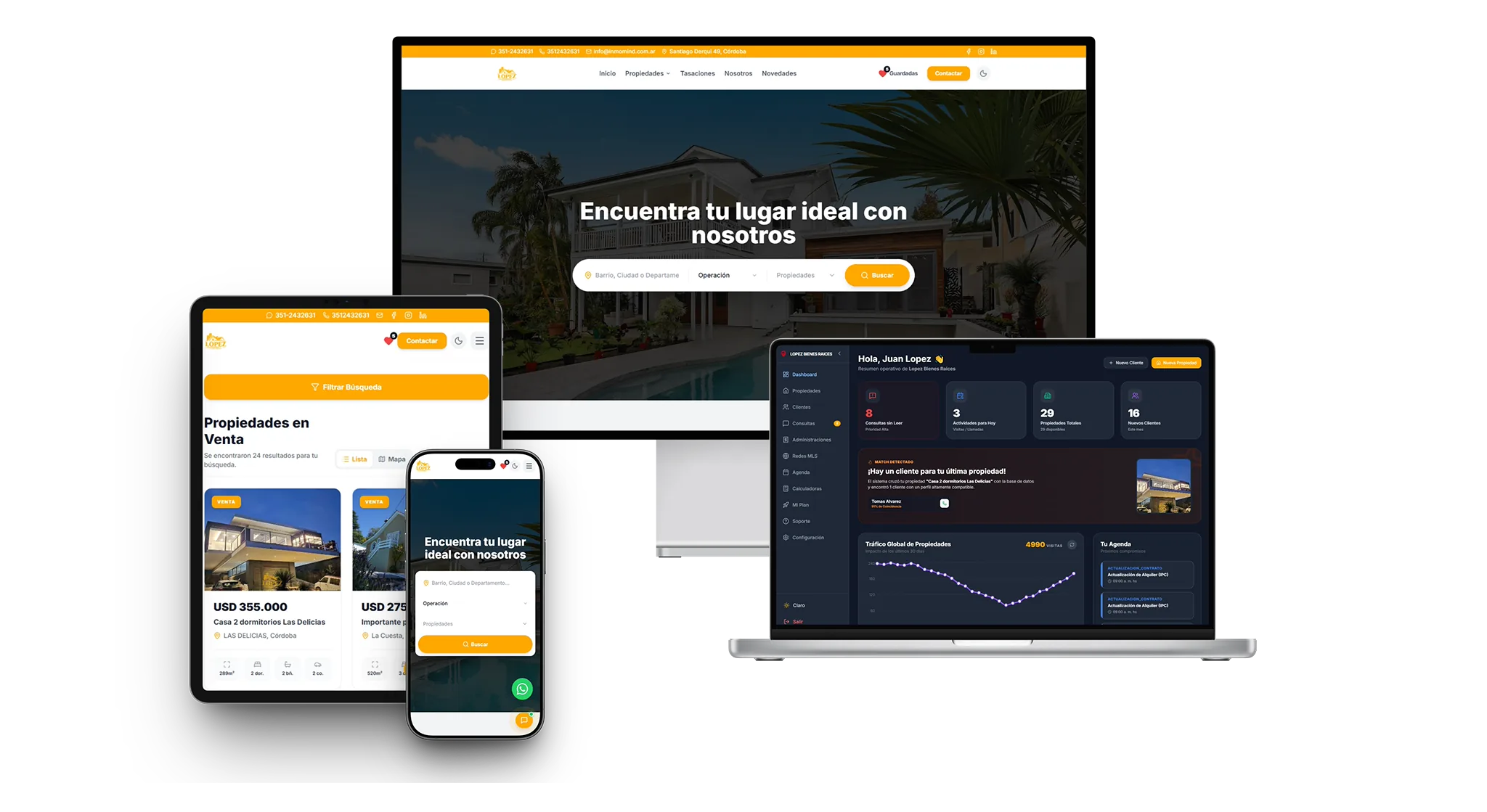 Dashboard real de InmoMind: leads, propiedades, matches de IA y agenda en un solo panel